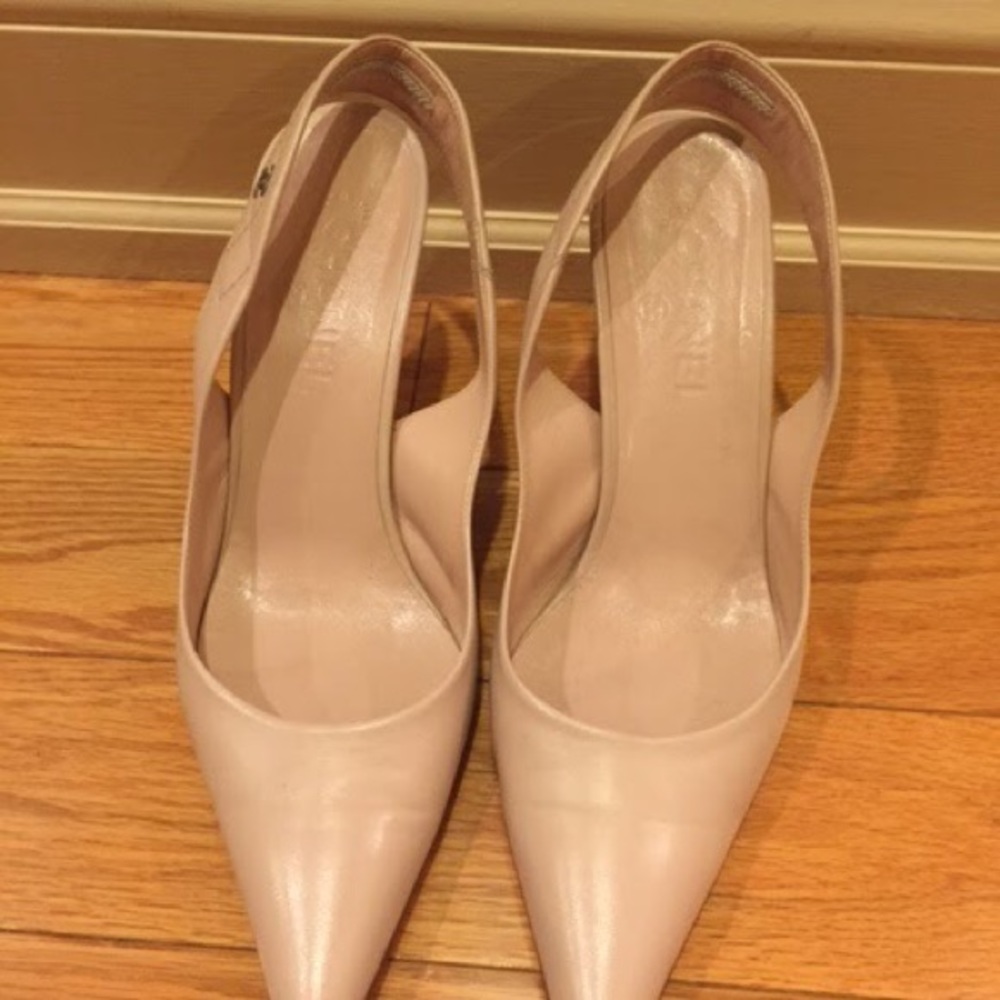 beige Chanel point toe backless strap mini pumps!